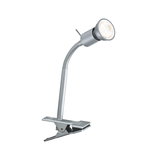 Zilveren metalen LED-klemlamp met flexibele hals voor gerichte verlichting op kantoor.