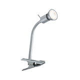Zilveren metalen LED-klemlamp met flexibele hals voor gerichte verlichting op kantoor.