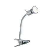 Silberne LED-Klemmleuchte aus Metall mit flexiblem Hals für zielgerichtete Beleuchtung im Büro.