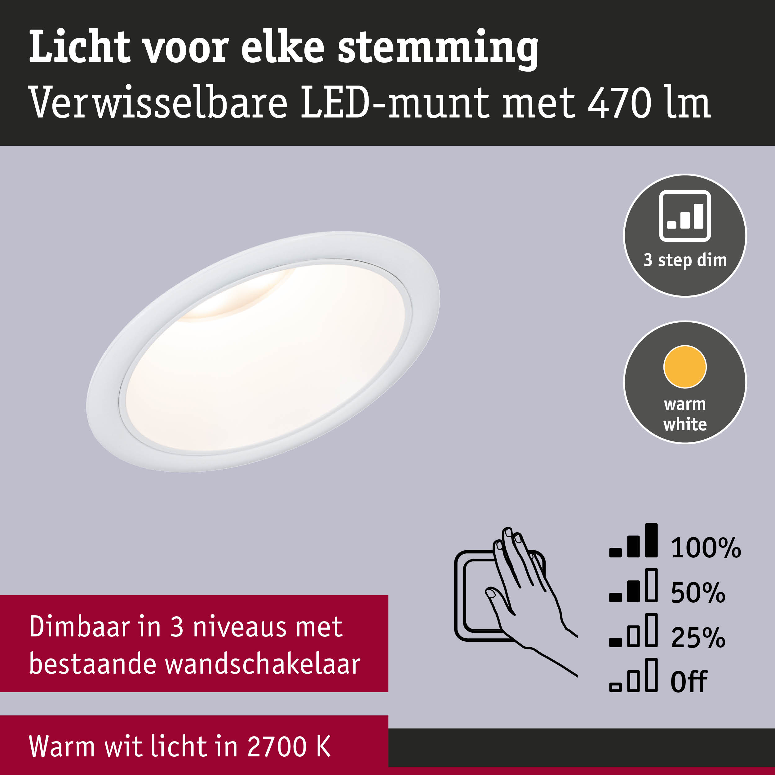 Witte LED inbouwspot met 470 lumen, 3-traps dimbaar, warm wit licht 2700K