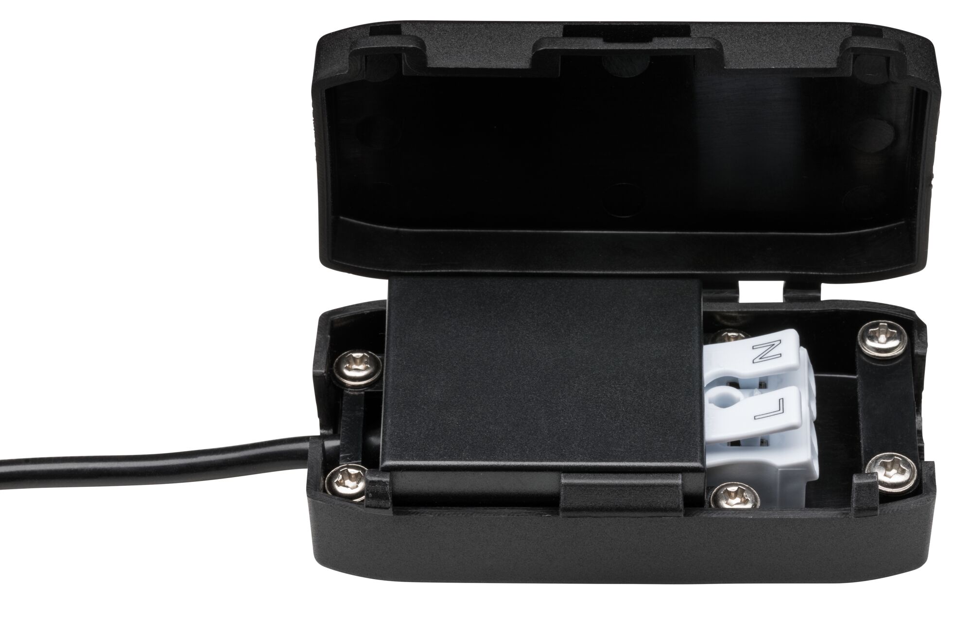 Boîtier en plastique noir avec couvercle ouvert et connexion câble pour câblage électrique.