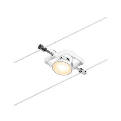 White LED cable spotlight with adjustable lamp and chrome accents for modern lighting setups.