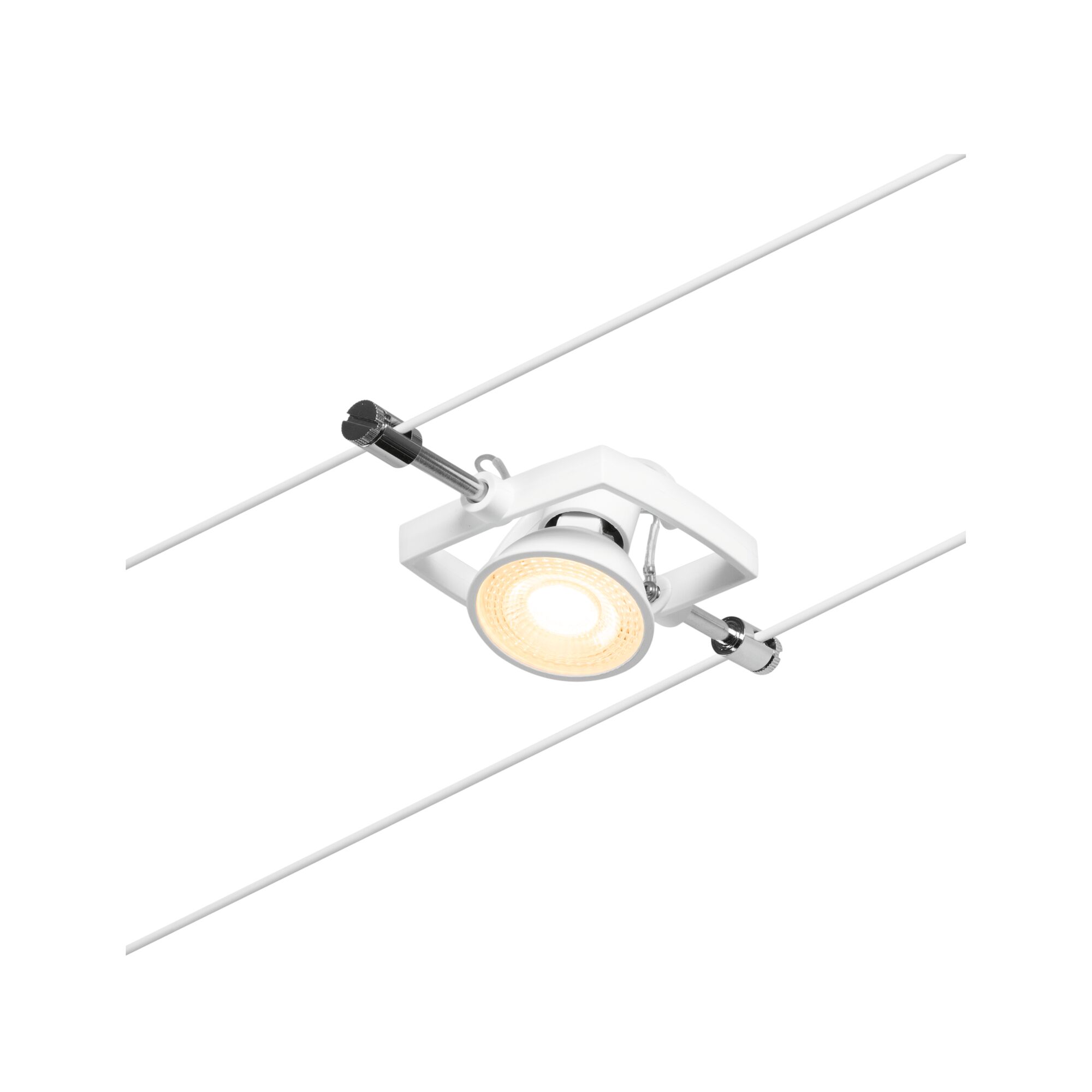 White LED cable spotlight with adjustable lamp and chrome accents for modern lighting setups.