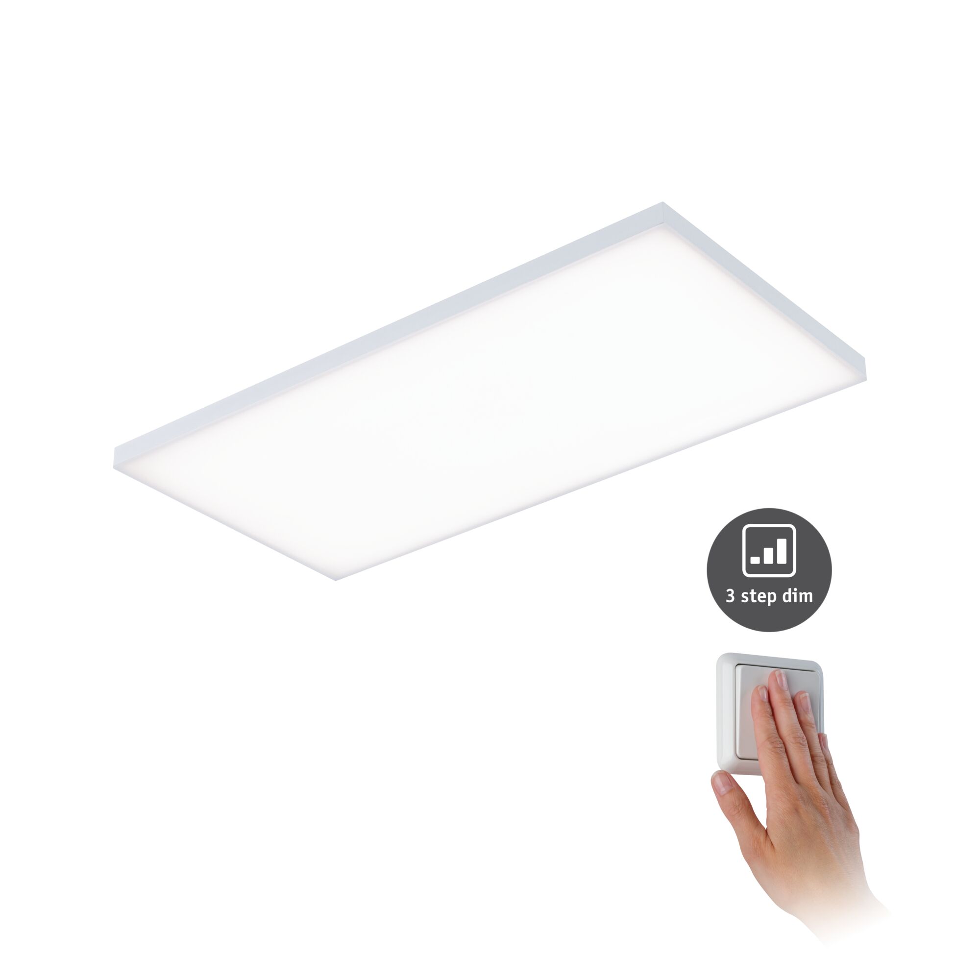 Flat white LED panel with 3-step dimming, modern ceiling light for living spaces