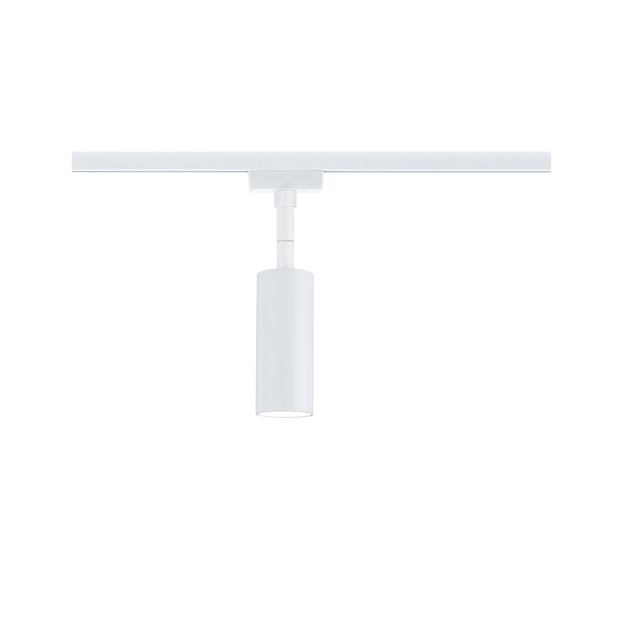 Moderner weißer LED-Strahler aus Metall an Schienensystem für flexible Raumbeleuchtung