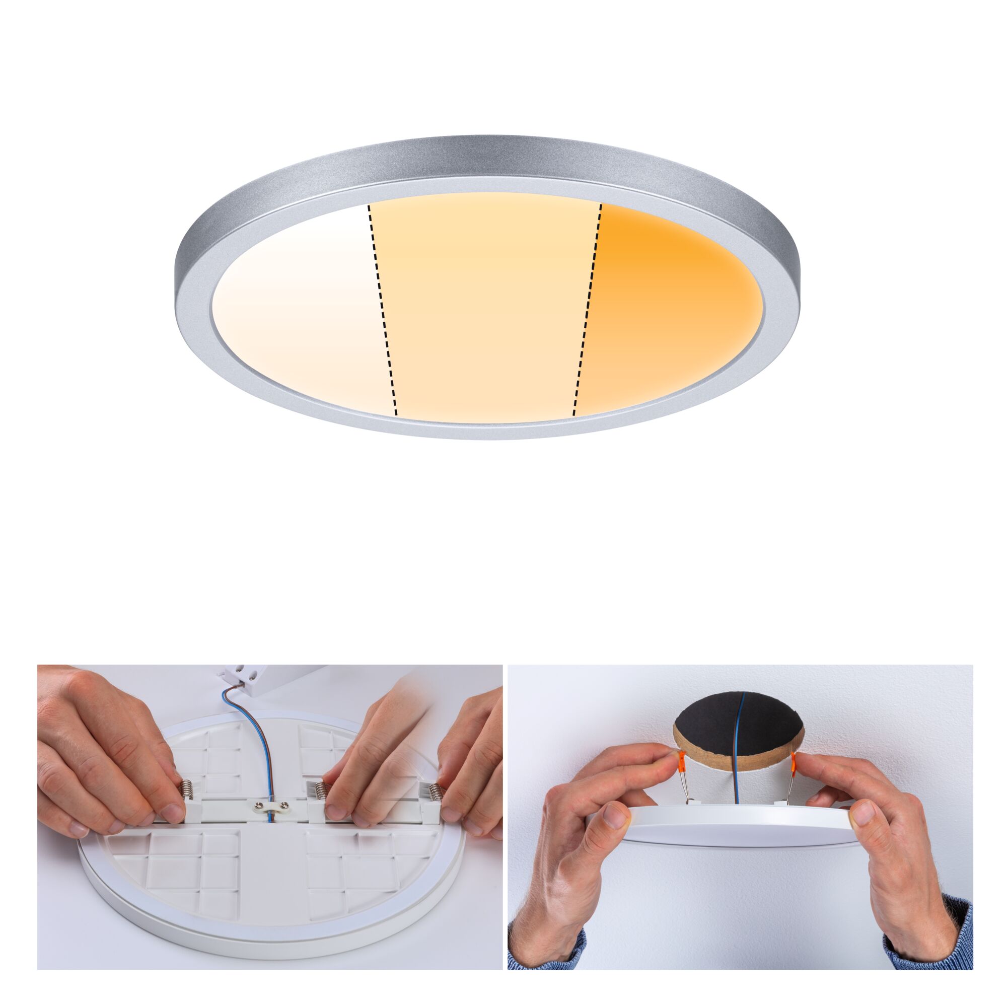 Rundes LED-Deckenlicht mit silbernem Aluminiumrahmen und warmweißem Licht für moderne Innenbeleuchtung
