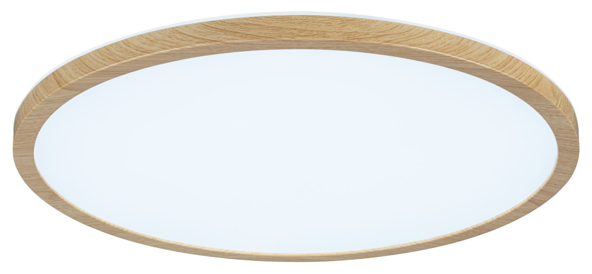 Round ceiling light with bright diffuser and oak wood frame for modern home lighting