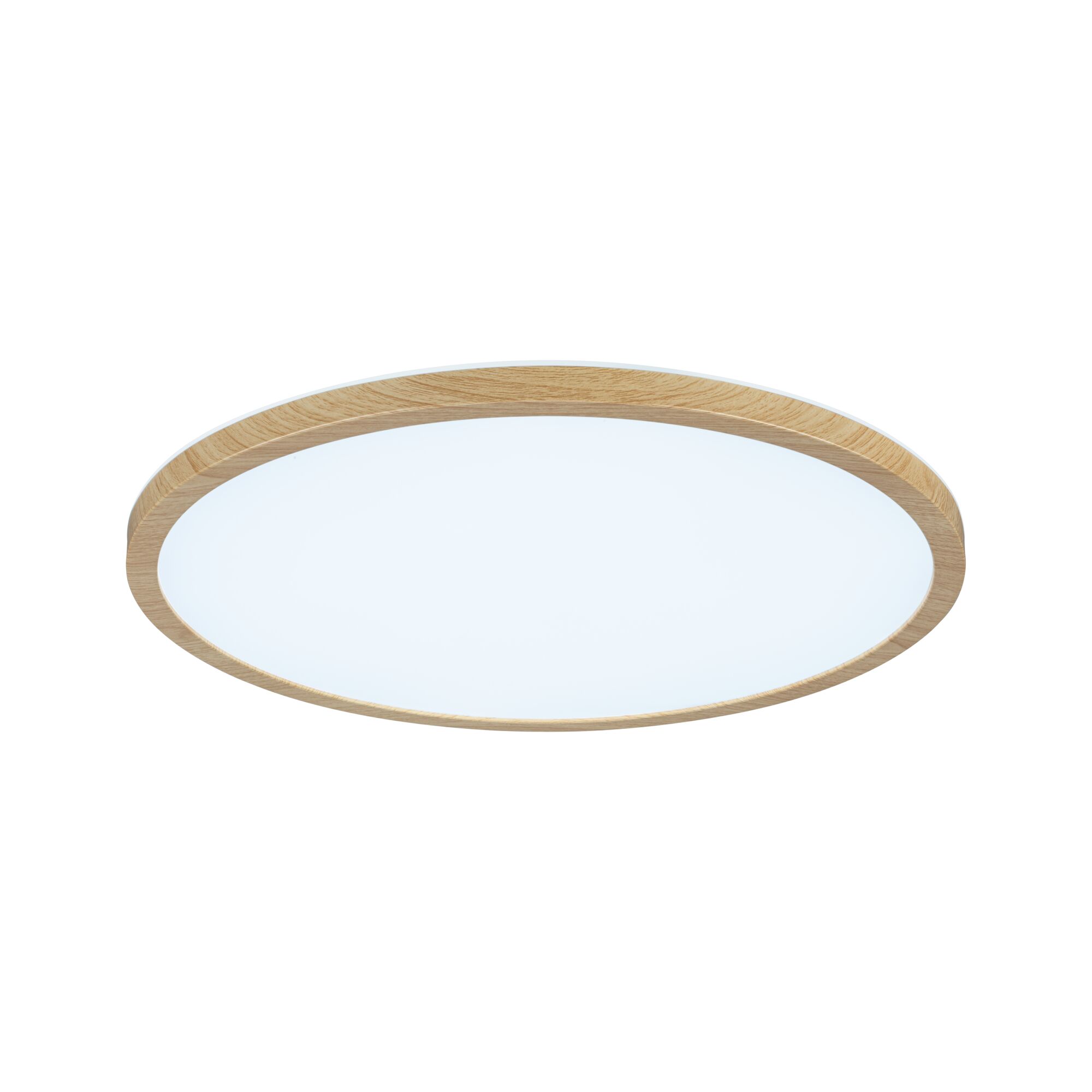 Round ceiling light with bright diffuser and oak wood frame for modern home lighting