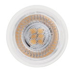 Nahaufnahme einer LED-Lampe mit transparentem Gehäuse und orangefarbenen Leuchtdioden für energiesparende Beleuchtung