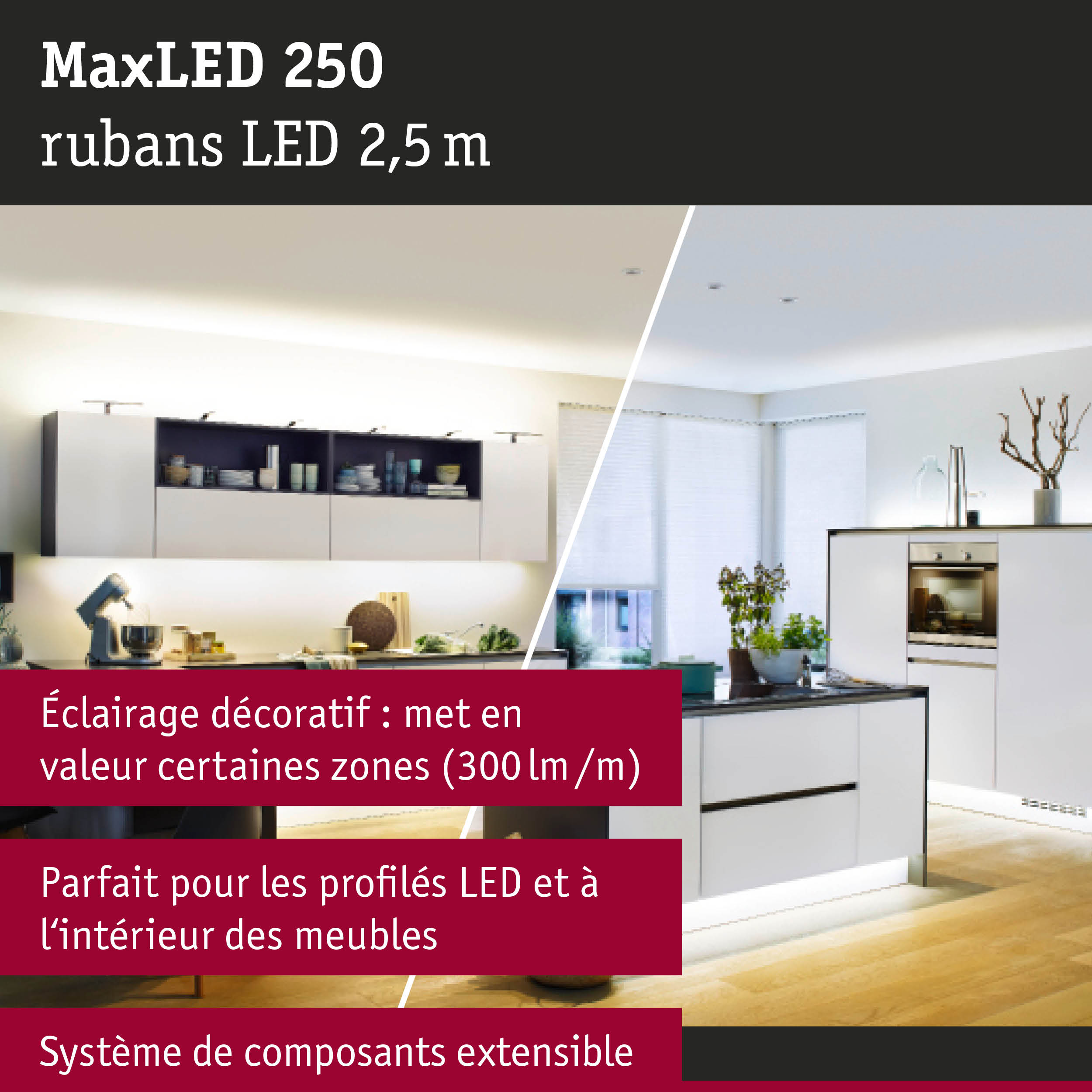 Bande LED MaxLED 250 de 2,5 m dans cuisine moderne avec meubles blancs et sol en bois