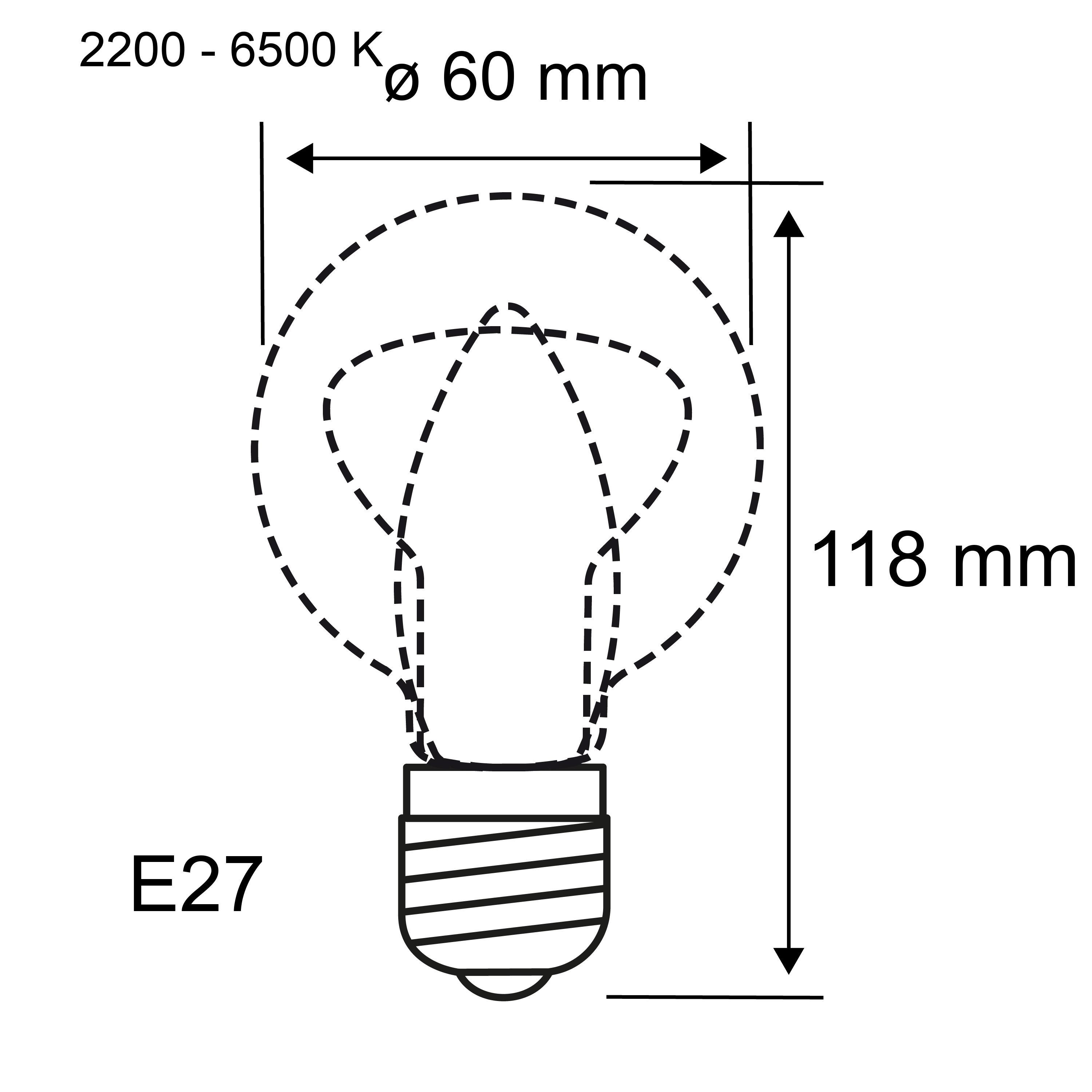 Technische tekening van E27-lamp met 60 mm diameter en 118 mm hoogte, kleurtemperatuur 2200-6500 K