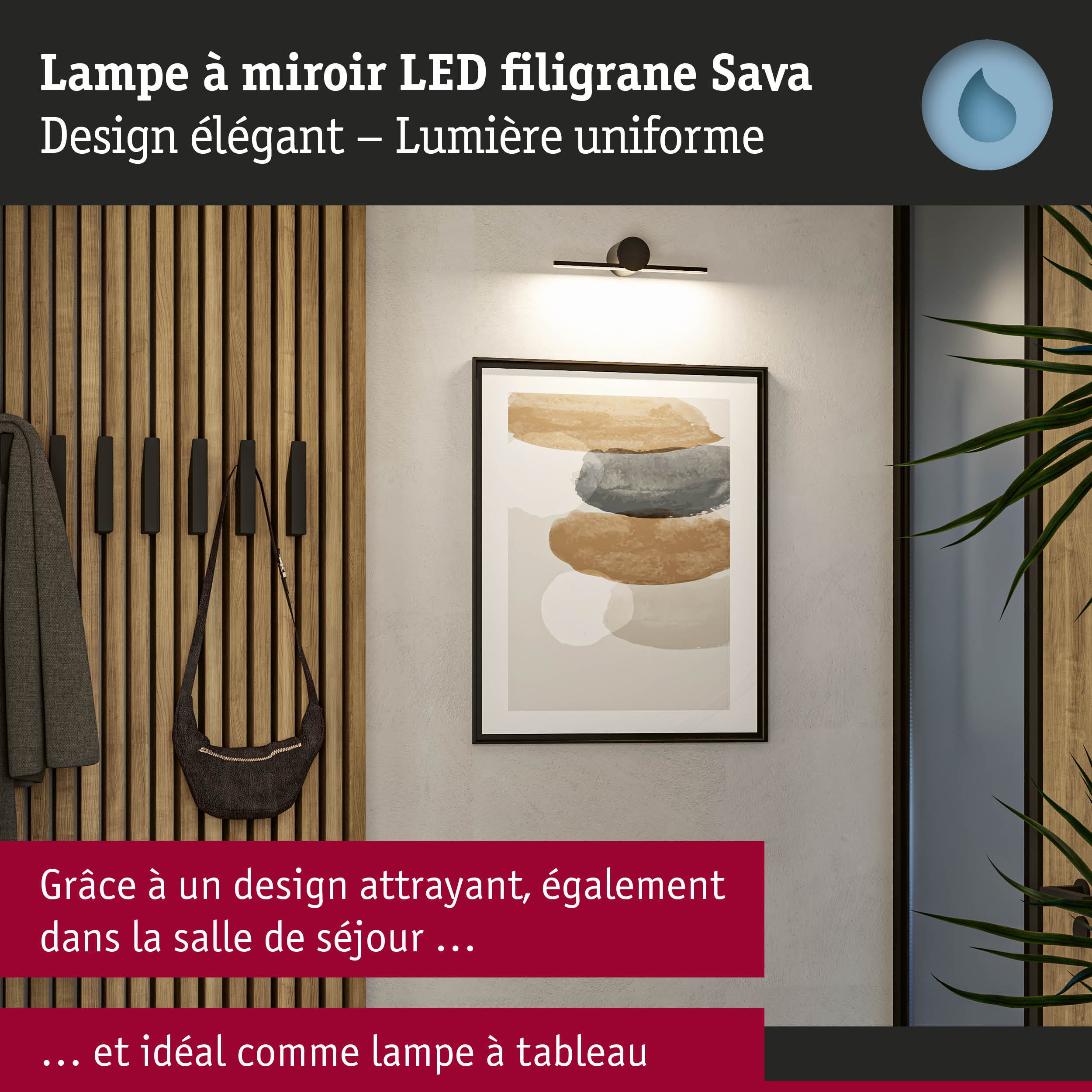 Lampe à miroir LED filigrane Sava noire avec lumière uniforme, idéale pour salon et décoration