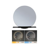 Round LED mirror with black shelf and adjustable color temperature from 2700K to 6500K for bathroom lighting