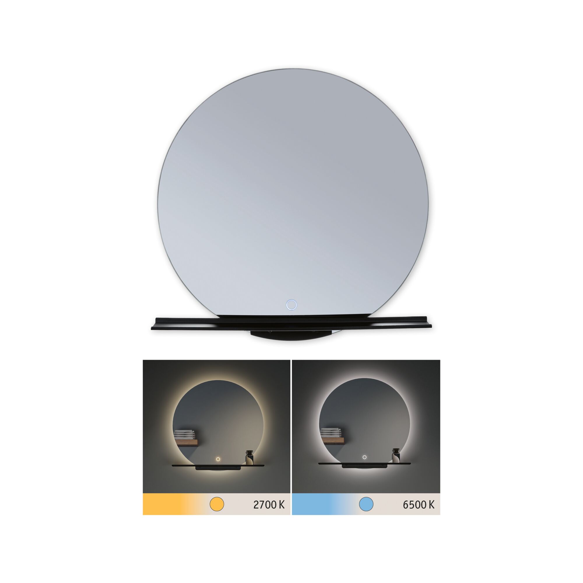 LED Leuchtspiegel Miro IP44 Tunable White 500lm 230V 11W Spiegel/Schwarz matt Runder LED-Spiegel mit schwarzem Regal und einstellbarer Farbtemperatur von 2700K bis 6500K für Badbeleuchtung