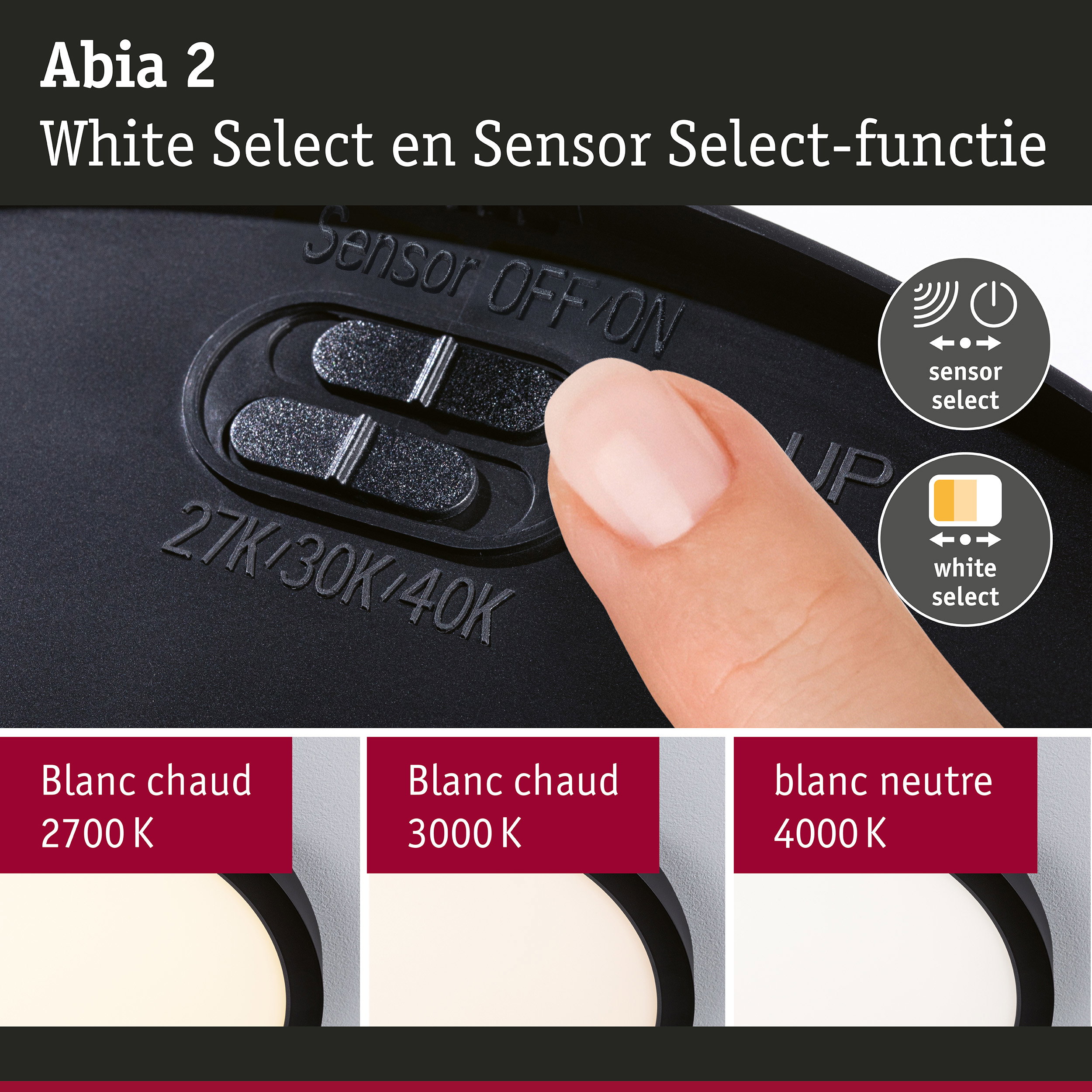 Vinger bedient zwarte schakelaar met sensor- en White Select-functie voor LED-lamp met instelbare kleurtemperatuur