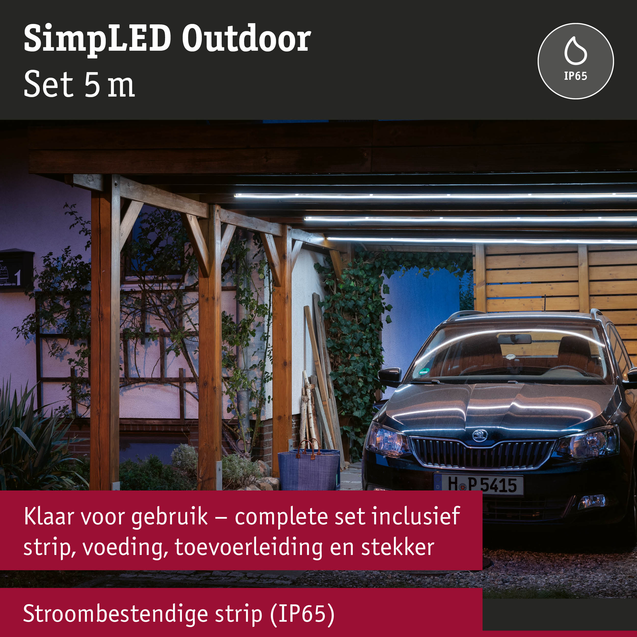 5 m outdoor LED-lichtset met witte strip onder houten carport, waterdichte verlichting IP65