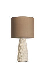Table lamp with cream faceted ceramic base and brown fabric shade for living spaces
