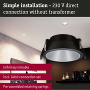 Black recessed spotlight with GU10 connection and pre-assembled springs for easy 230V installation