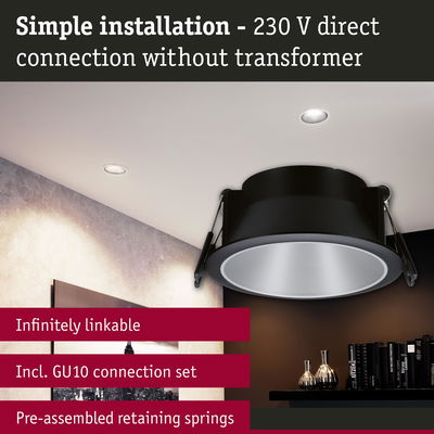 Black recessed spotlight with silver reflector and springs, 230 V direct connection without transformer