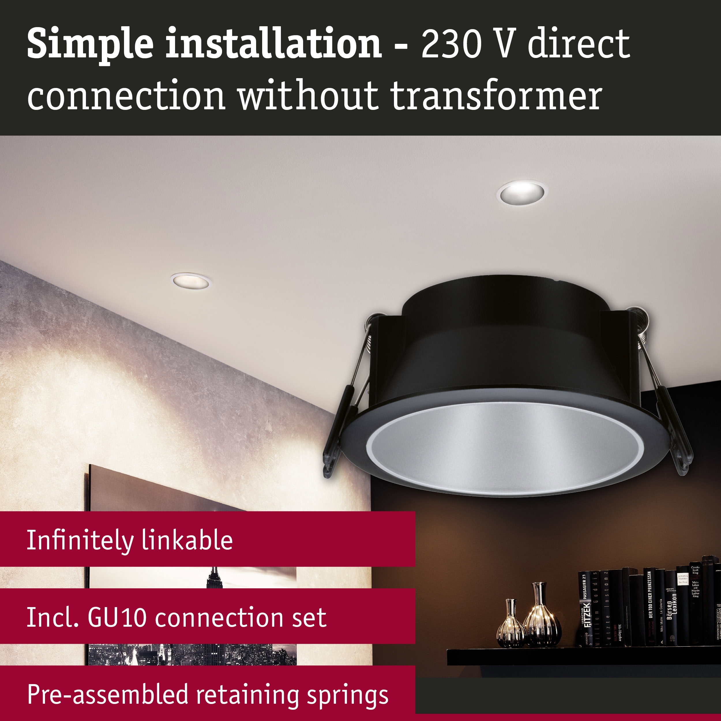 Black recessed spotlight with GU10 connection and pre-assembled springs for easy 230V installation
