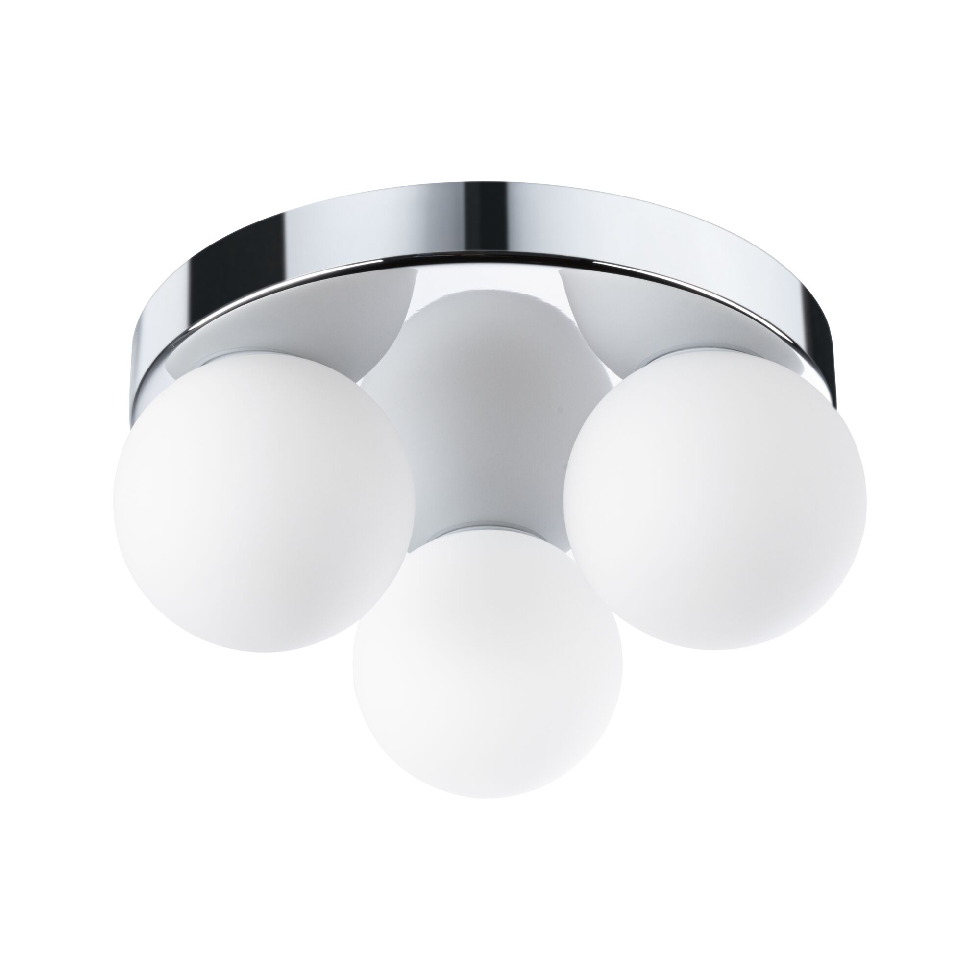 Plafondlamp met drie witte glazen bollen en chromen metalen ring voor moderne verlichting
