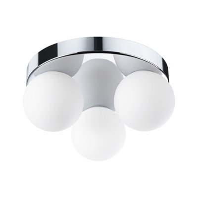 Ceiling light with three white glass globes and chrome metal ring for modern home lighting