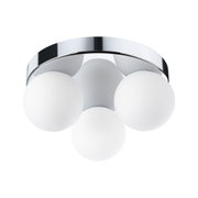 Ceiling light with three white glass globes and chrome metal ring for modern home lighting