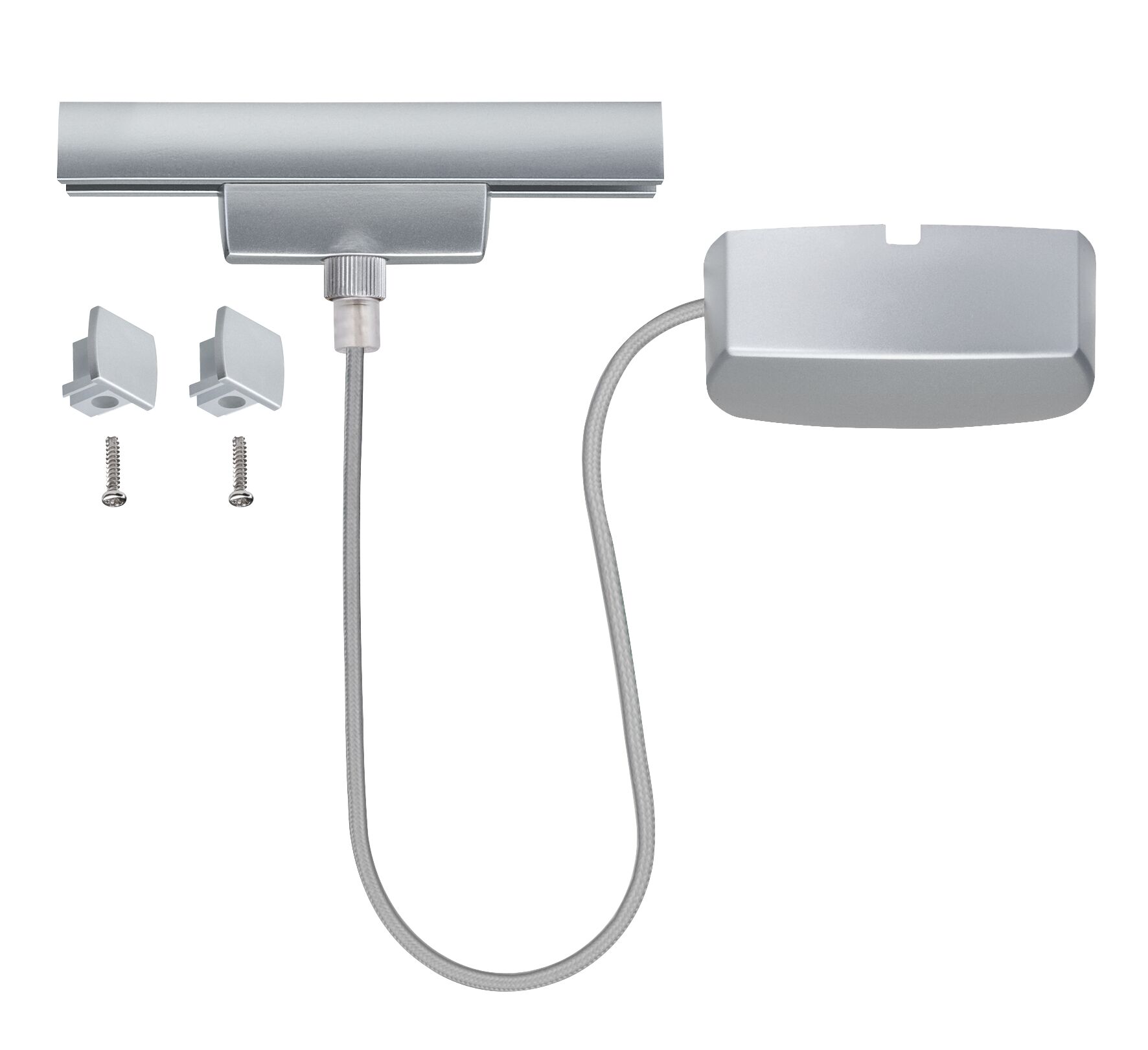 Zilveren LED-accessoire met kabel, schroeven en houders voor flexibele verlichtingsoplossingen.