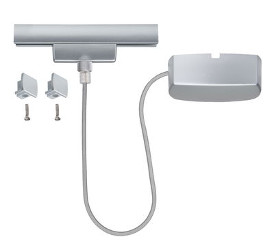 Zilveren LED-accessoire met kabel, schroeven en houders voor flexibele verlichtingsoplossingen.