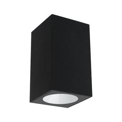 Black rectangular outdoor wall light made of metal with downward illumination for modern facade lighting