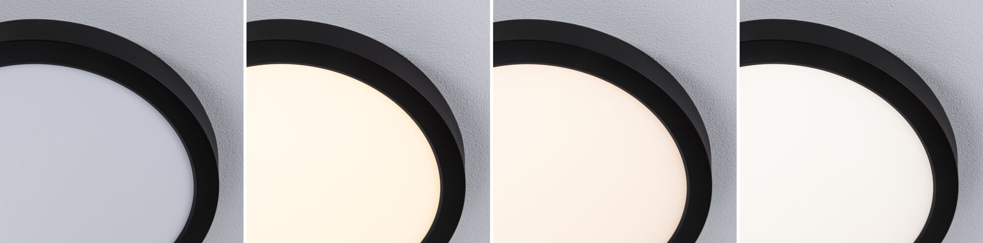 Vier Ansichten einer runden Deckenleuchte mit schwarzem Metallrahmen und dimmbarer LED-Beleuchtung