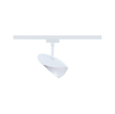 Weißer LED-Strahler aus Kunststoff an Schienensystem für flexible Beleuchtung im Innenraum