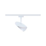 Weißer LED-Strahler aus Kunststoff an Schienensystem für flexible Beleuchtung im Innenraum