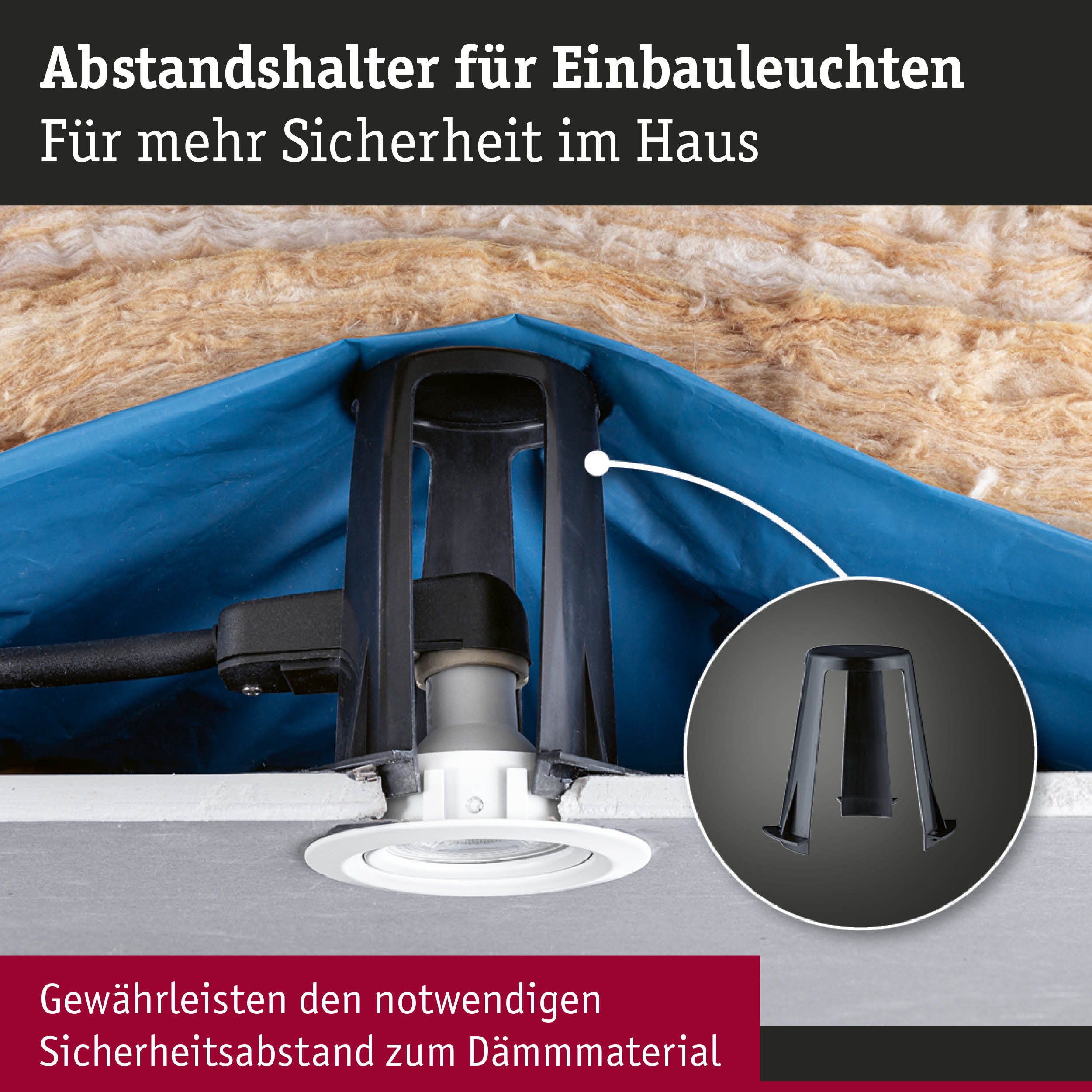 Schwarzer Abstandshalter aus Kunststoff für Einbauleuchten sorgt für Sicherheitsabstand zum Dämmmaterial