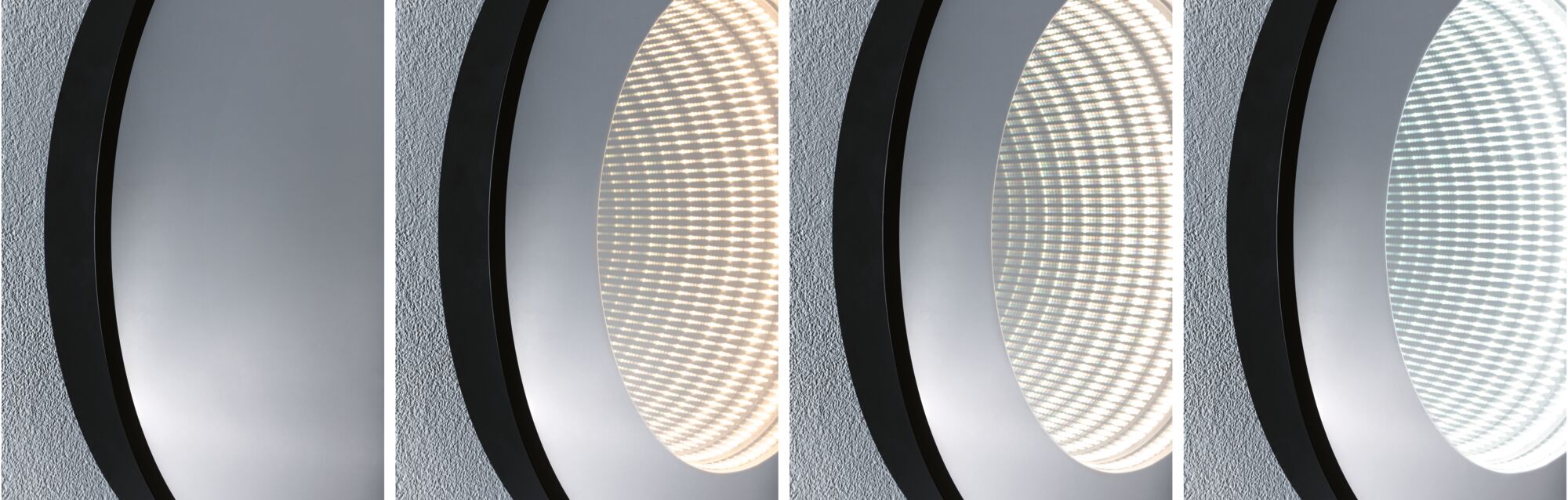 Round LED wall mirror with black frame and adjustable light color for modern home decor