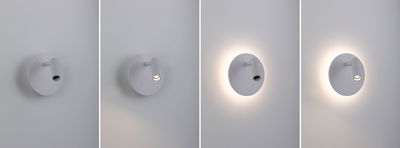 Four views of a white metal LED wall light with adjustable spotlight and ambient backlight