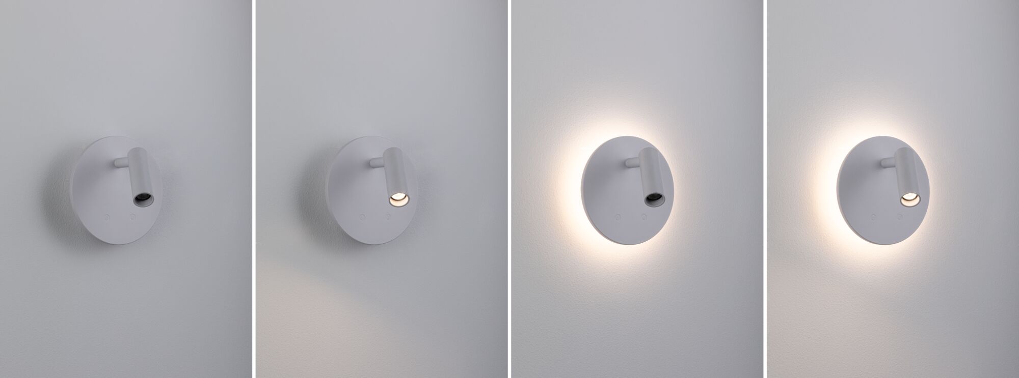 Vier Ansichten einer weißen LED-Wandleuchte aus Metall mit einstellbarem Spotlicht und indirekter Beleuchtung
