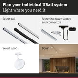 Modular URail track system with options for rails, power supply, and spotlights for flexible lighting