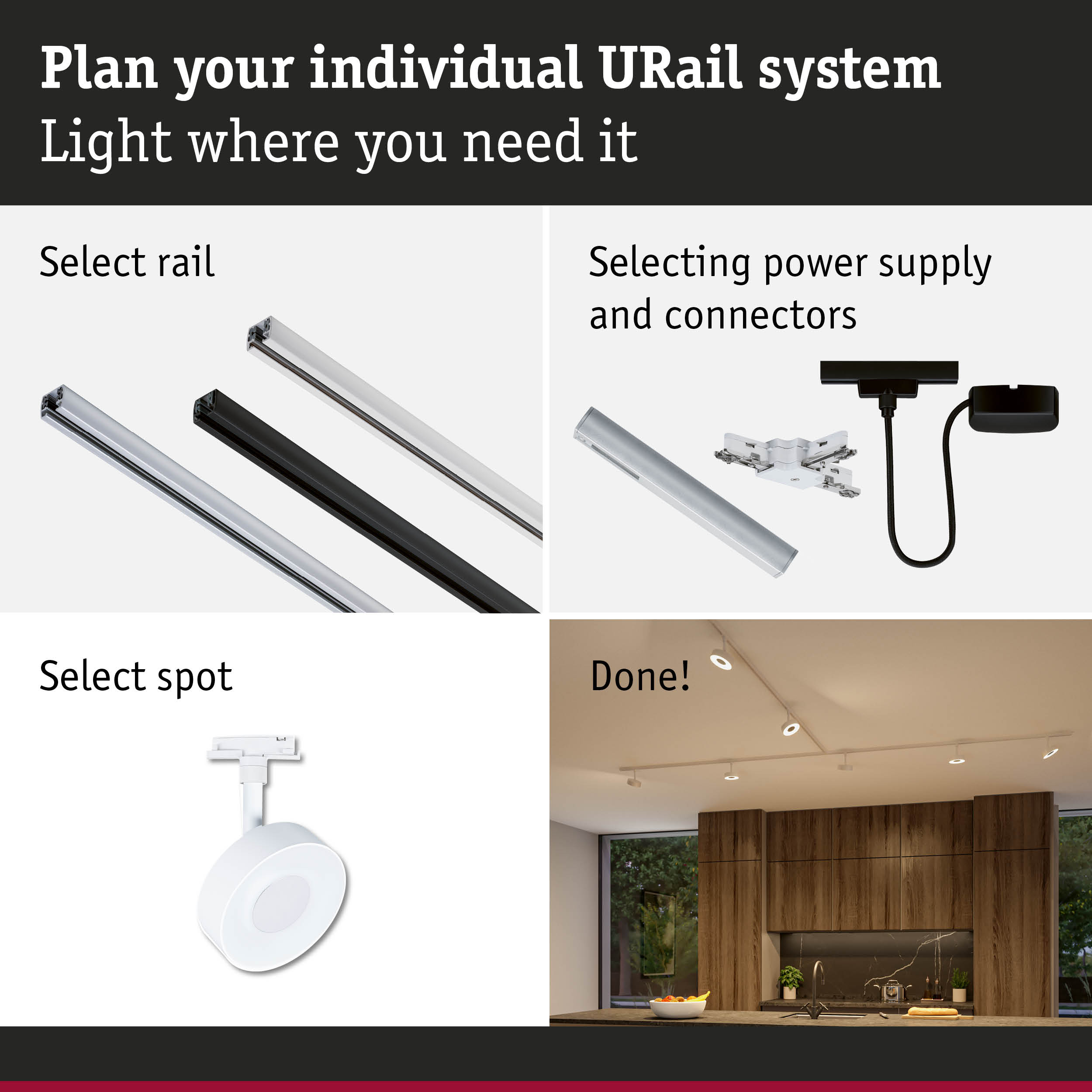 Modular URail track system in white and black with power supply and connectors for flexible LED lighting