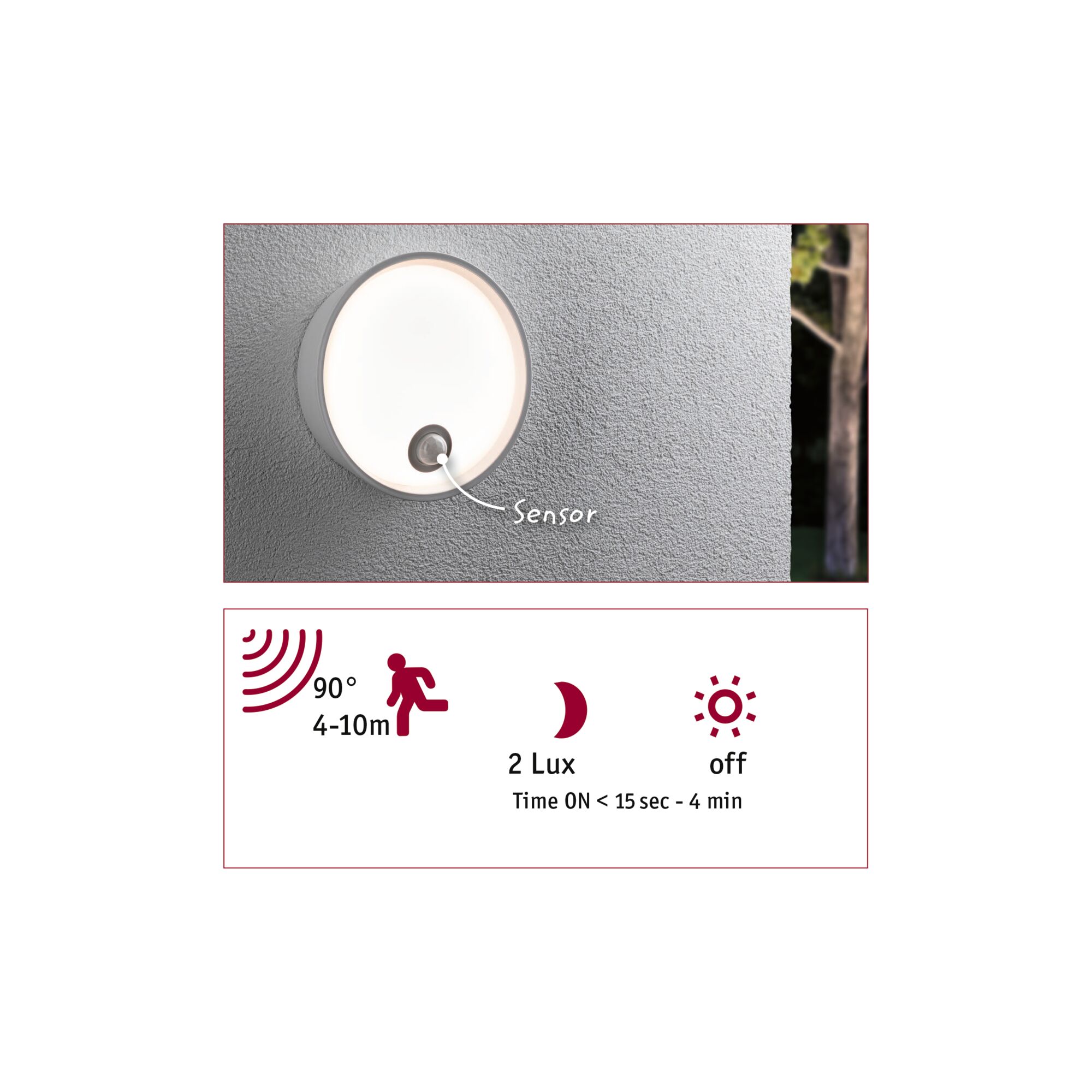 Round white LED wall light with motion sensor and 90° detection angle for outdoor lighting