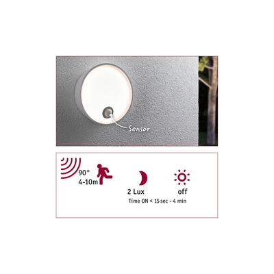 Round white LED wall light with motion sensor and 90° detection angle for outdoor lighting