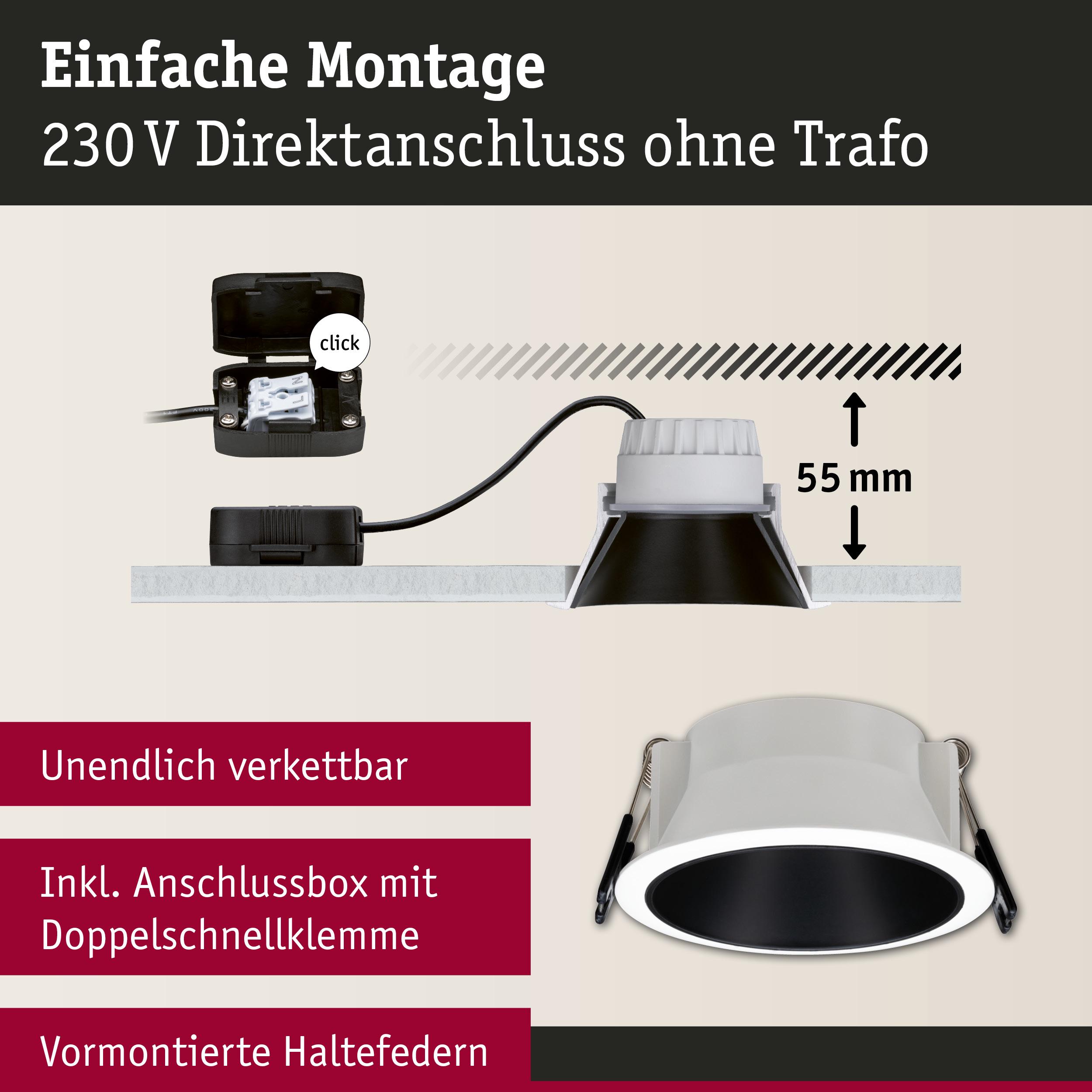Einbau-LED-Spot in Weiß mit schwarzem Innenring, 55 mm Einbautiefe, einfache Montage ohne Trafo