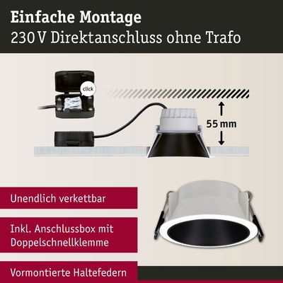 Einbau-LED-Spot in Weiß mit schwarzem Innenring, 55 mm Einbautiefe, einfache Montage ohne Trafo