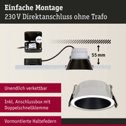 Weißer Einbaustrahler mit schwarzem Innenring und Anschlussbox für 230V Direktanschluss ohne Trafo