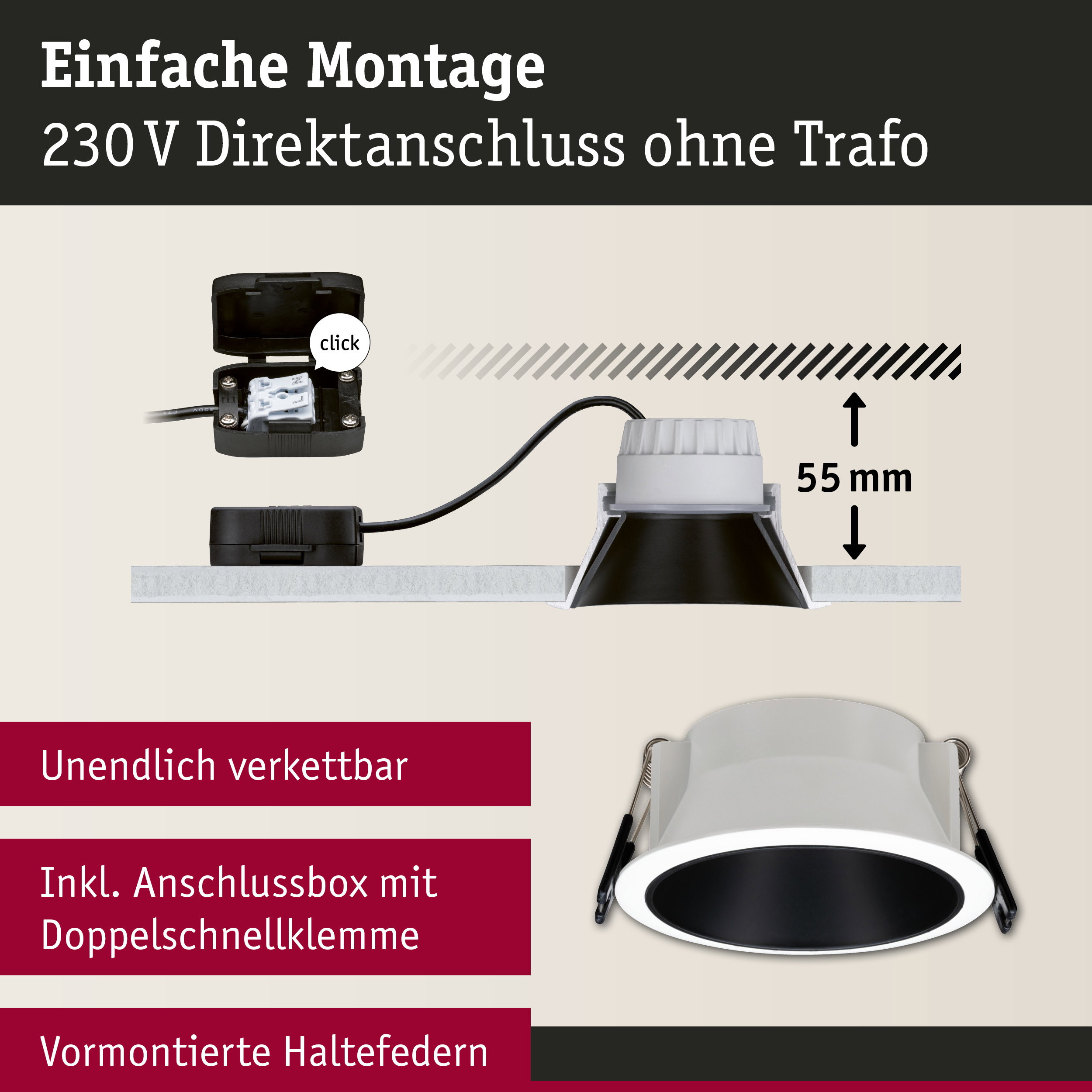 Weißer Einbaustrahler mit schwarzem Innenring und Anschlussbox für 230V Direktanschluss ohne Trafo