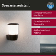 Schwarze Außenwandleuchte mit seewasserresistenter Oberfläche an weißer Wand mit Meerblick