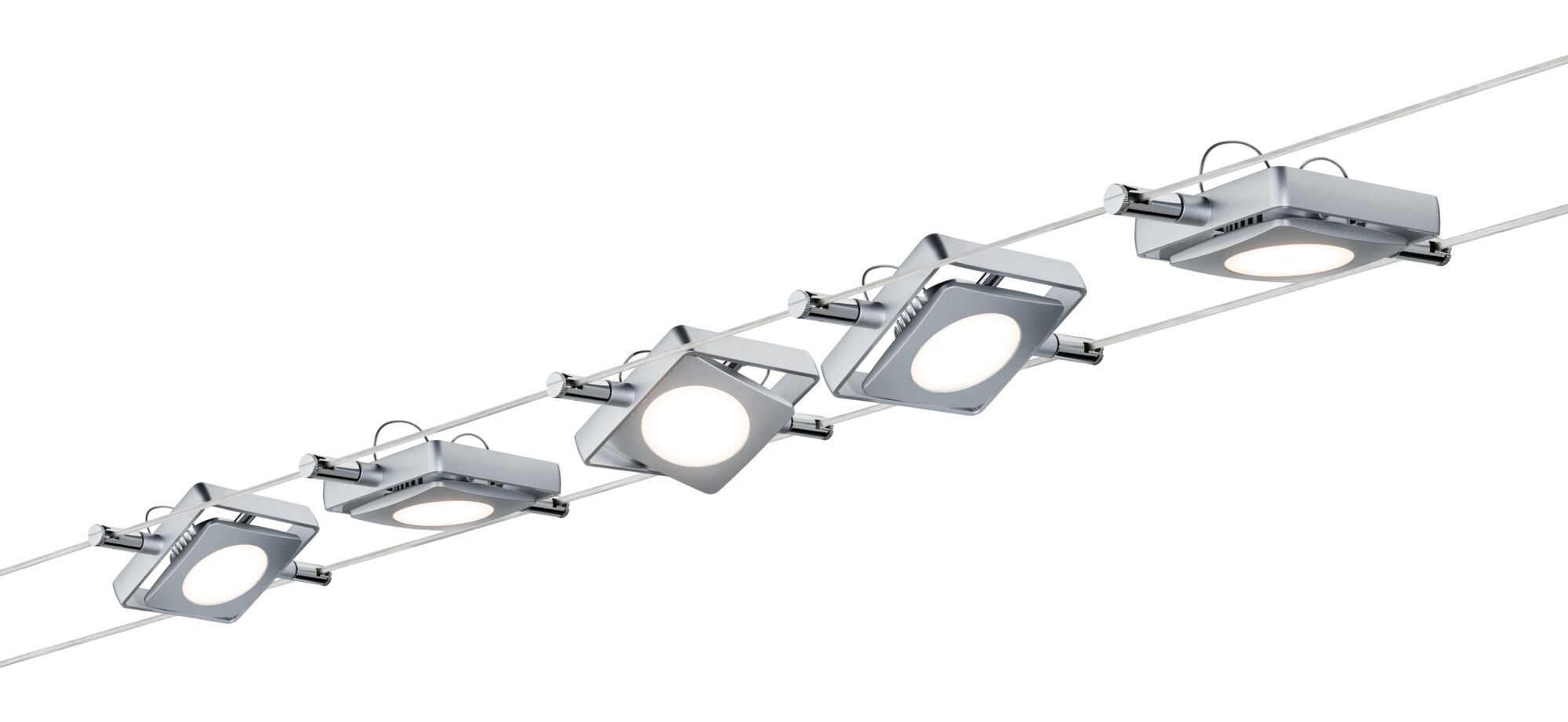 Moderne LED-kabelspots met vierkante zilveren aluminium behuizing voor flexibele verlichting