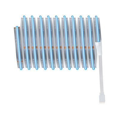 Flexible LED strip light with blue illumination and white connector cable for modern room lighting