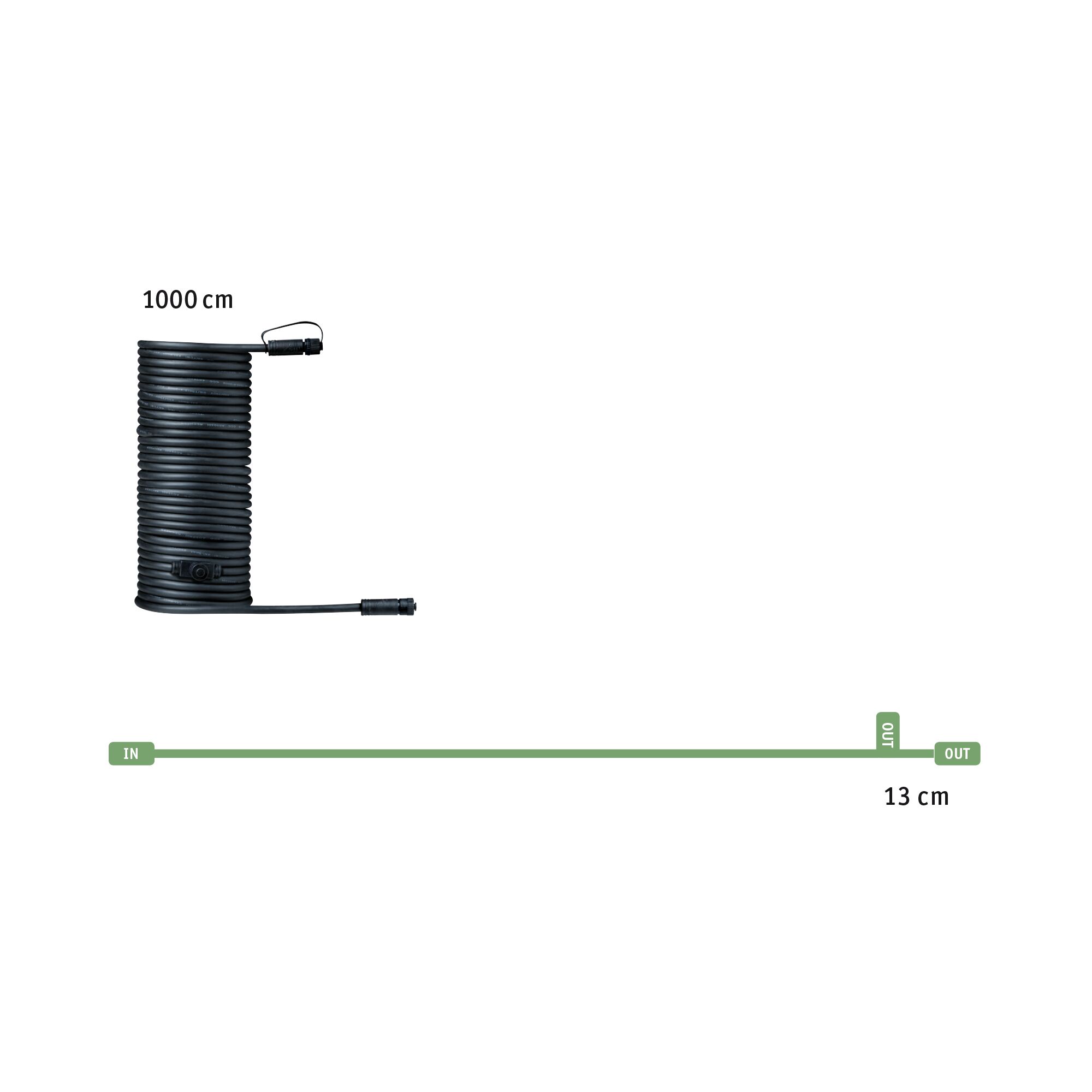 Sort 1000 cm kabel med stikforbindelser, teknisk layout med ind- og udgange