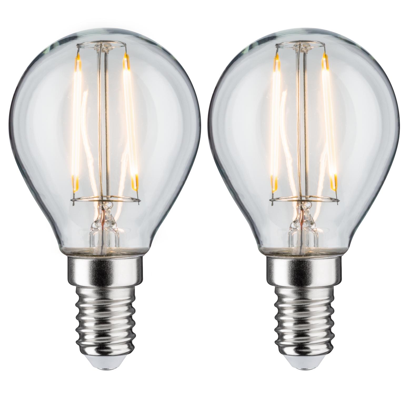 Zwei klare LED-Glühbirnen mit E14-Fassung und warmweißem Licht für energiesparende Beleuchtung